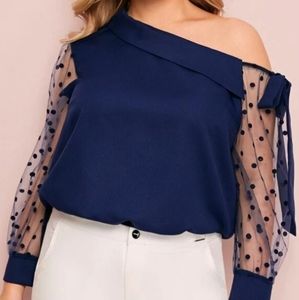 Navy off shoulder mesh blouse